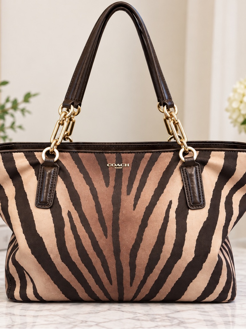 Coach Zebra-Print Tote Bag - Brown/Black